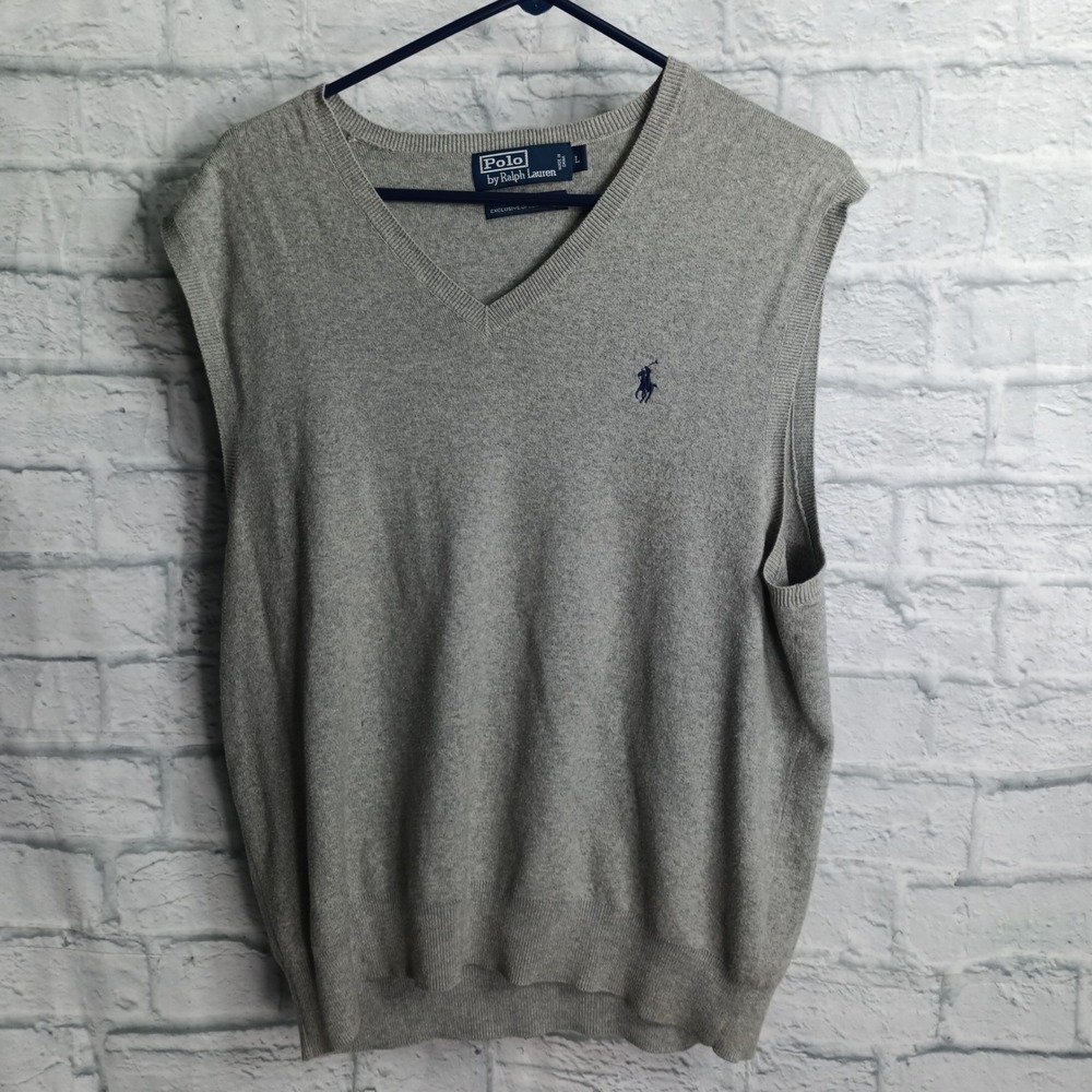 Polo Ralph Lauren Mens Gray 100% Pima Cotton V-Neck Sweater Vest Size Large